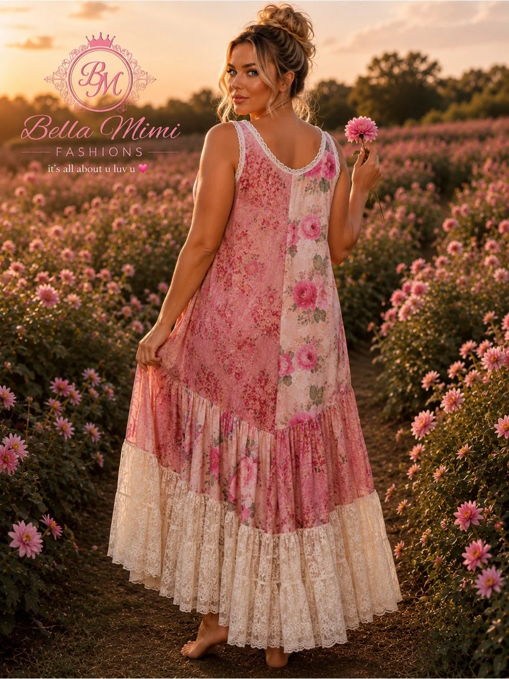 NEW Pink Floral Lace-Trim Maxi Dress — Romantic Sleeveless Gown Size 2X BRB SL - Picture 6 of 14